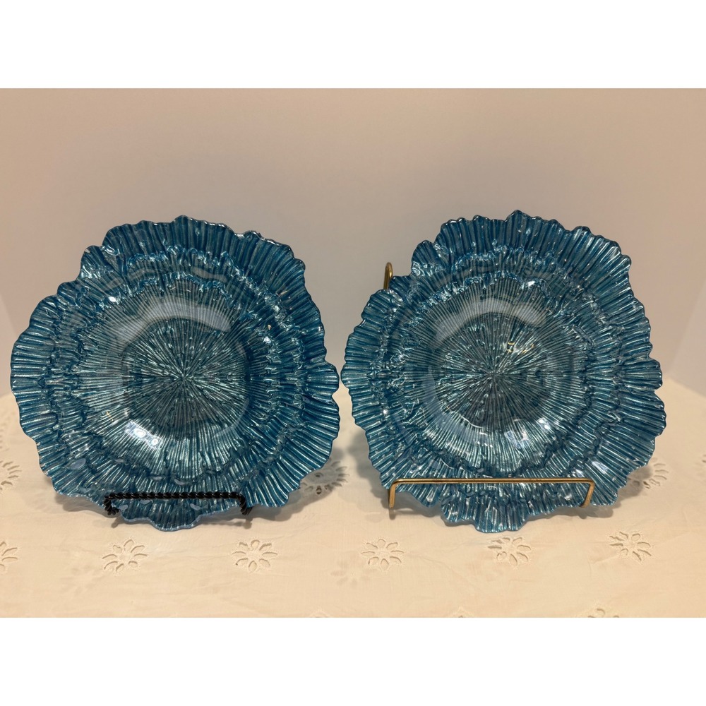 Set of 2 Turkish Metallic Blue Art Glass Decorative Plates